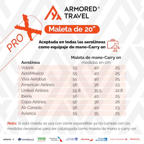 Maleta de mano carry-on cabina policarbonato Pro-x Luna 20 pulgadas capacidad 10 kg rígida con cierre expandible candado de seguridad tsa-lock Armored Travel