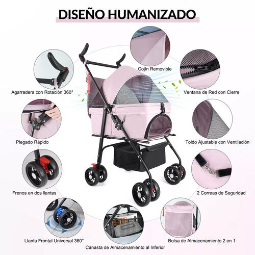 Carriola transportadora  rosa para perro o gato tamaño mediano con giro 360 grados.
