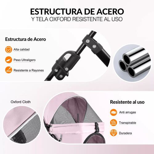 Carriola transportadora  rosa para perro o gato tamaño mediano con giro 360 grados.