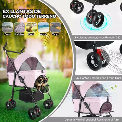 Carriola transportadora  rosa para perro o gato tamaño mediano con giro 360 grados.