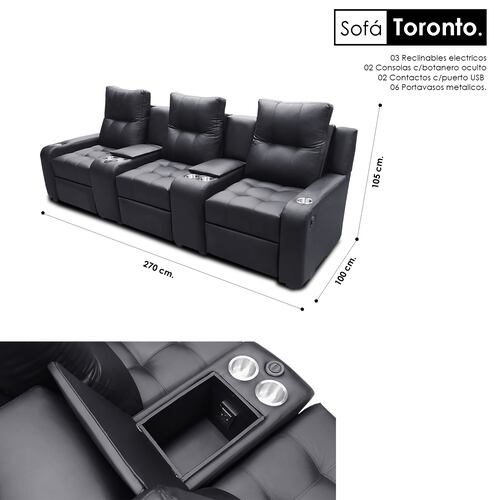 Sofa c/03 reclinables electricos modelo Toronto Black/ MADERIAN // ENTREGA EN CDMX Y ZONA METROPOLITANA.