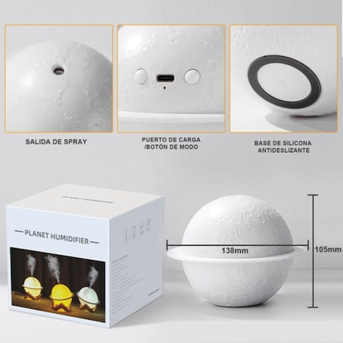 Humidificador Difusor Lámpara Forma Planeta Luna Con 3 Modos, Blanco