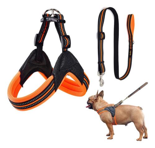 Pechera Correa Perro Reflectante 3 m Acolchado Talla L, Naranja/Negro