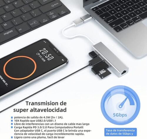 Adaptador Hub Ethernet Rj45 Red Lan Usb C 3 Usb3.0 Gris 
