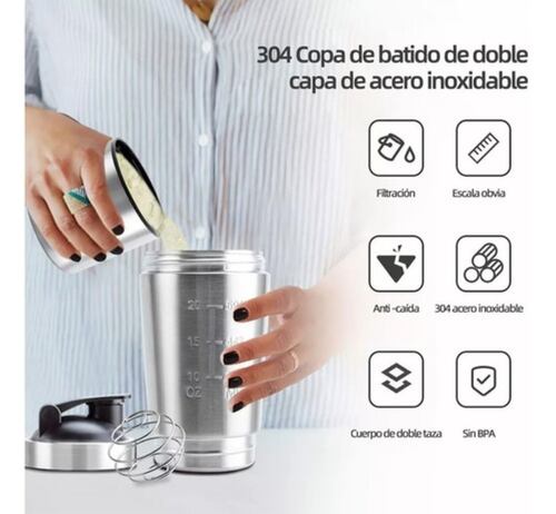 Vaso Agitador De Proteína De Acero Inoxidable Para Gimnasio Plata.