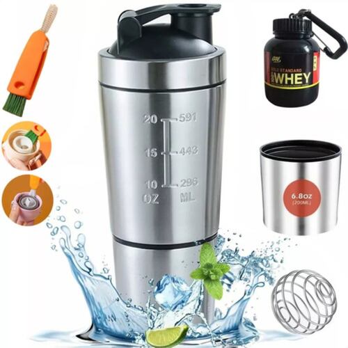 Vaso Agitador De Proteína De Acero Inoxidable Para Gimnasio Plata.