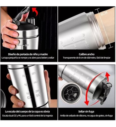 Vaso Agitador De Proteína De Acero Inoxidable Para Gimnasio Plata.