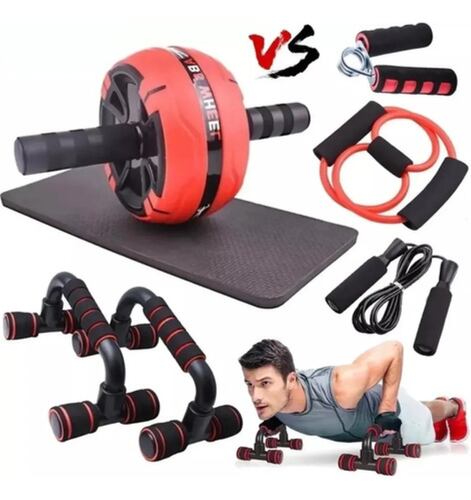 Kit de Ejercicio en Casa Rueda Abdominal Saltar  7 en 1, Color Rojo y Negro