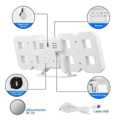 Reloj Alarma Digital 3d De Pared Led Multifuncional Blanco