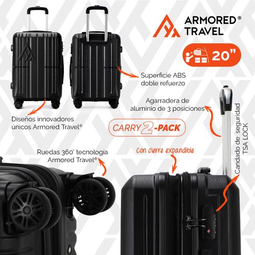 Maletas de viaje carry on de mano cabina 10kg Rígida set de viaje 2 pack 20 + 16 pulgadas ABS doble calibre con cierre expandible y candado alta seguridad TSA LOCK Negro Armored travel.