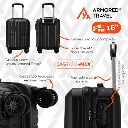 Maletas de viaje carry on de mano cabina 10kg Rígida set de viaje 2 pack 20 + 16 pulgadas ABS doble calibre con cierre expandible y candado alta seguridad TSA LOCK Negro Armored travel.