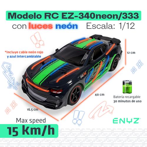 Carro a control remoto con luces de neon auto RC Racing car carreras RC 15 km h escala 1:12 con batería recargable.