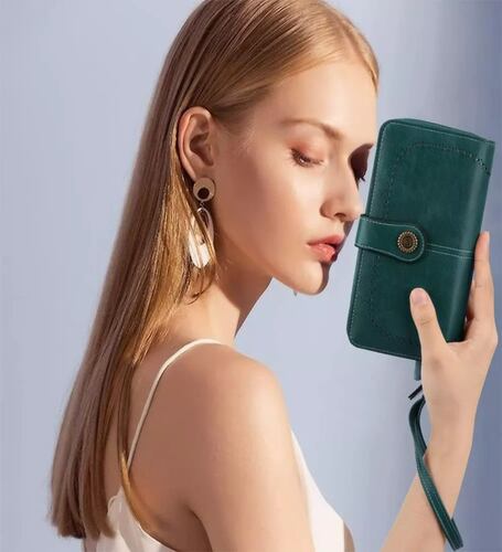 Cartera Para Mujer Gran Capacidad,billetera Con Bloqueo Rfid color AZUL PETRÓLEO.