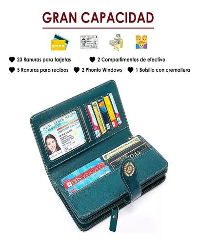 Cartera Para Mujer Gran Capacidad,billetera Con Bloqueo Rfid color AZUL PETRÓLEO.