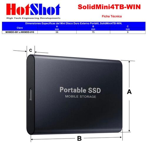 Disco Solido SSD Interfaz TipoC 4TB MXMDD-007-3 1 Pza 4TB Plata SSD Lectura 30 MBs Escritura 37 MBs USB-C Entrada USB-A-C Salida, SolidMini04TB-WIN