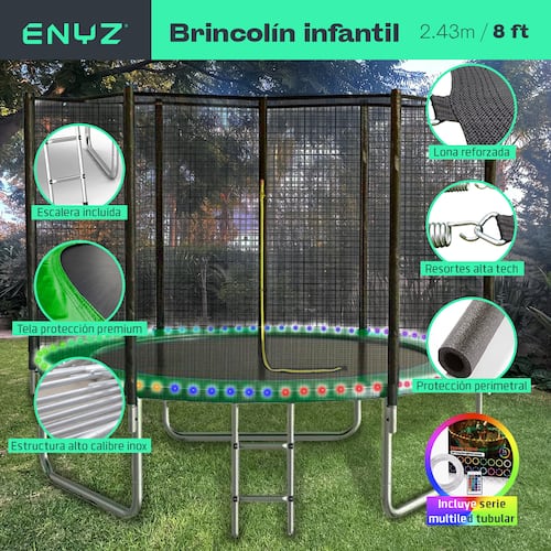 Trampolín Brincolín Premium 8 ft 2.43m Con Luces LED Tubular Reforzado Uso Rudo Jardín exteriores, restaurantes y negocios Tumbling Trampoline Outdoor Indoor.