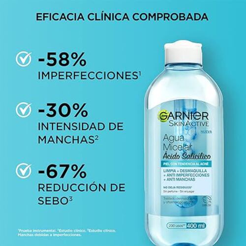 Agua Micelar Anti-imperfecciones Con Ácido Salicílico Momento de aplicación Día/Noche Tipo de piel Piel con tendencia al acné.