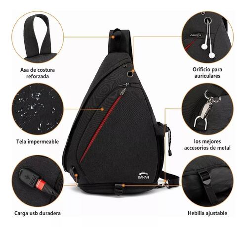 Pechera Mochila Impermeable Multifunción Cruzada Hombro Color Negro Diseño de la tela Liso.