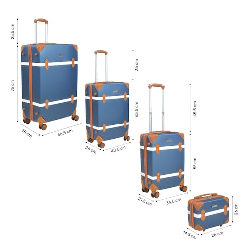 Set Maletas Viaje Vintage 4 Ruedas Resistentes Retro Tipo Baul Azul 4 pz.