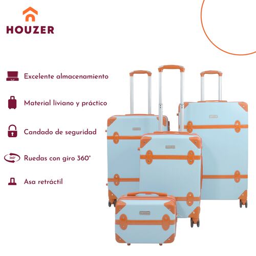Set Maletas Viaje Vintage 4 Ruedas Resistentes Retro Tipo Baul Azul Cielo 4 pz.