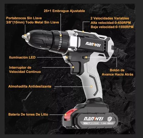Taladro Atornillador Inalámbrico Nanwei 2batería D Litio 21v Color Gris.