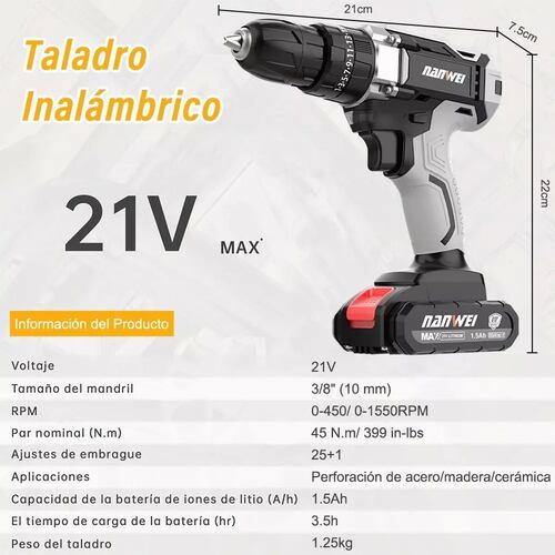 Taladro Atornillador Inalámbrico Nanwei 2batería D Litio 21v Color Gris.