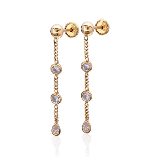 Aretes de oro 14k GIALLO Broquel Gotas de agua de oro amarillo con circonias brillantes en cadena
