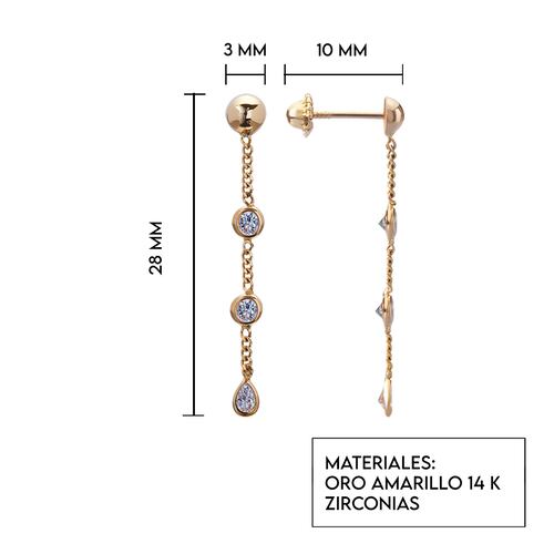 Aretes de oro 14k GIALLO Broquel Gotas de agua de oro amarillo con circonias brillantes en cadena