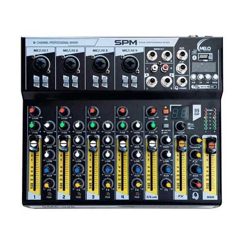 Consola MELO SM6 USB 4 Canales Mono, Conexión Bluetooth.