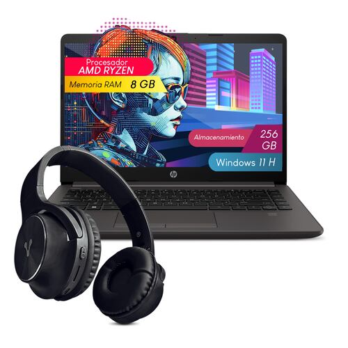 Combo Laptop HP 245 G9 amd Ryzen 5-5625U 6C 8GB 256GB ssd 14Pulg HD W11H Silver 7E3H4LT + Audifonos.