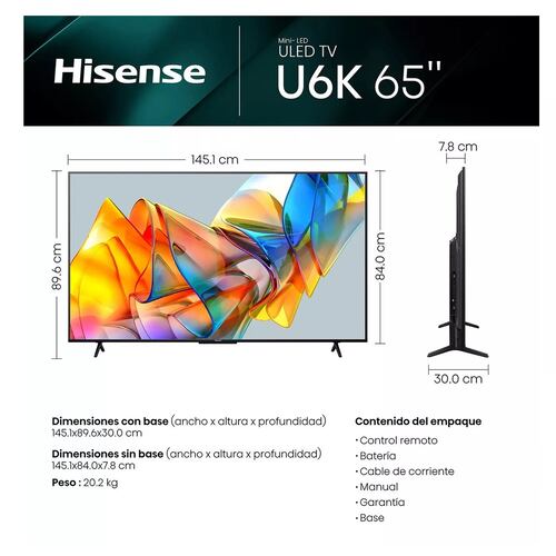 Pantalla Hisense 65 Miniled 4k Smart 65U6K Google Tv