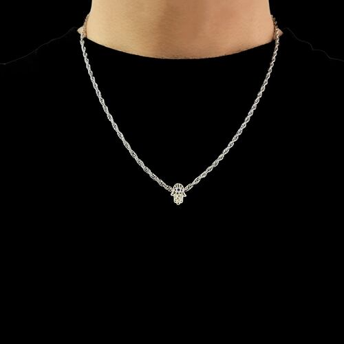 Collar Mano Fátima Plata .925 Hombre Piedra zirconia y baño de rodio.