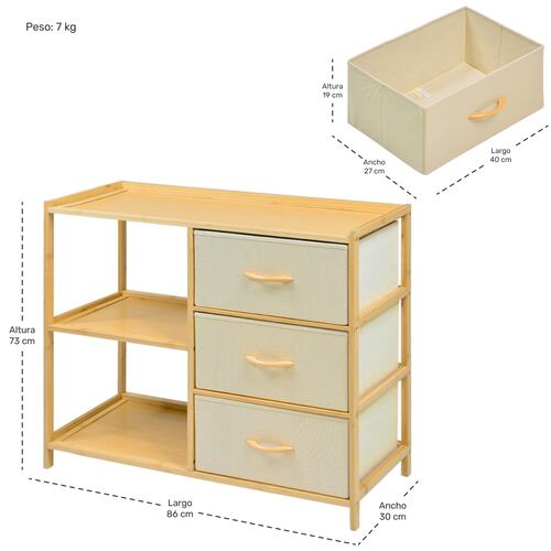 Comoda Cajonera Mueble Bambu Organizador 3 Cajones Estantes