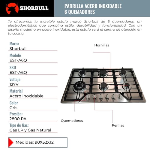 Estufa parrilla empotrable de Acero Inoxidable de 6 quemadores Shorbull