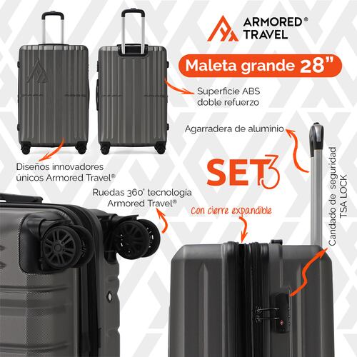 Maletas de viaje Rígidas set grande kit 3 piezas 28 24 20 pulgadas carry on ABS doble calibre candado de alta seguridad TSA LOCK Gris Oxford OX Armored travel