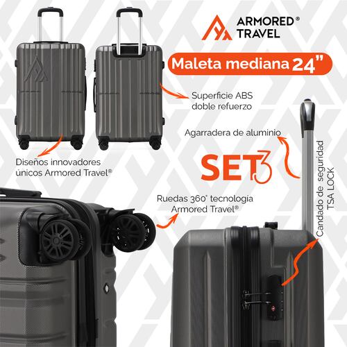 Maletas de viaje Rígidas set grande kit 3 piezas 28 24 20 pulgadas carry on ABS doble calibre candado de alta seguridad TSA LOCK Gris Oxford OX Armored travel
