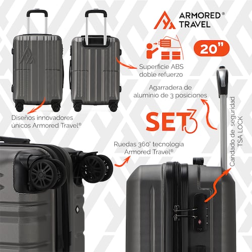 Maletas de viaje Rígidas set grande kit 3 piezas 28 24 20 pulgadas carry on ABS doble calibre candado de alta seguridad TSA LOCK Gris Oxford OX Armored travel