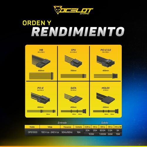 Fuente de poder Ocelot Gaming OPS1000 de 1000W, ATX, Modular, 80+ Gold.