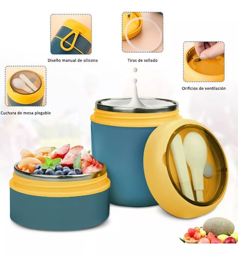 Lonchera Termica Acero Inoxidable De 710ml Incluye Cuchara color BLUE-YELLOW.