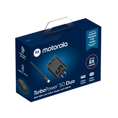 Cargador Motorola 50W salida Duo USB-A y C Turbo con cable