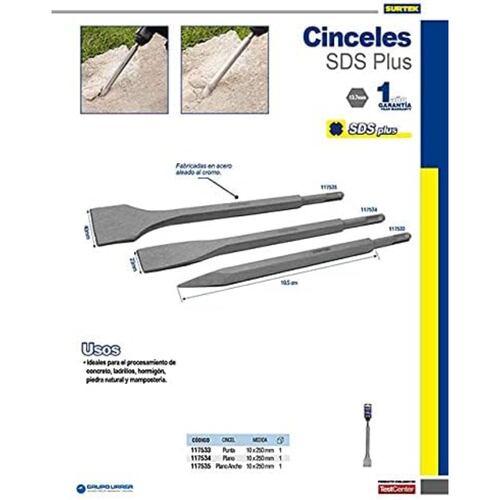 Cincel Corta Frío Plano Ancho SDS Plus 10mm 250mm 117535 Surtek