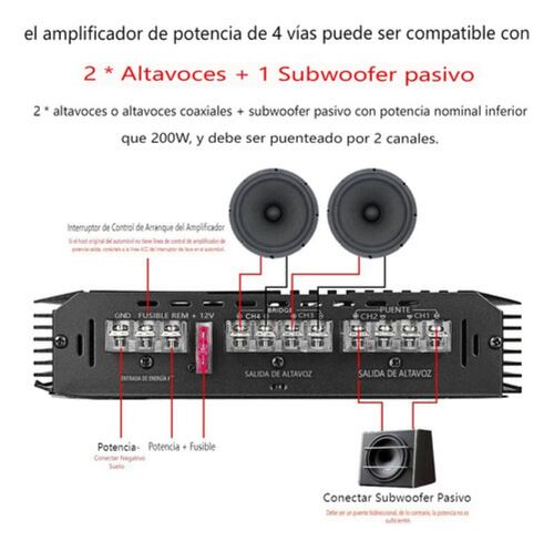 Amplificador De Audio Para Auto, 4 Canales 12.0v Negro .