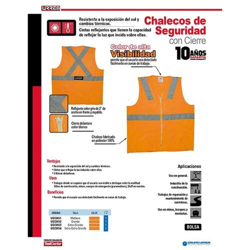 Chaleco Reflejante De Tela Naranja Extra Grande Urrea