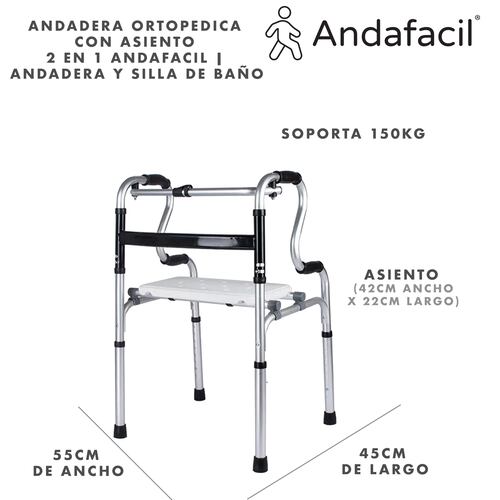 Andadera Ortopedica con Asiento 2 en 1 Andafacil | Andadera y Silla de Baño.