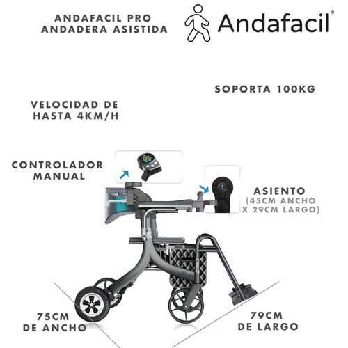 Andafacil Pro Andadera Asistida | 5 en 1 | Electrica | Silla de traslado, Andadera, Silla de apoyo.