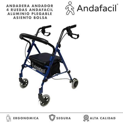 Andadera Andador 4 Ruedas Andafacil Aluminio Plegable Asiento Bolsa.