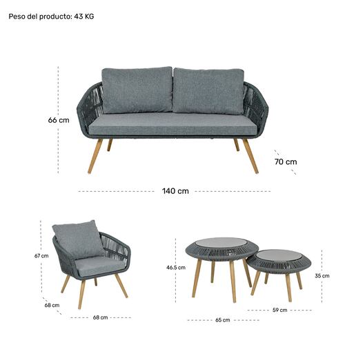 Sala Exterior Jardin Terraza Rattan 5 Pz Doble Mesa Negro 