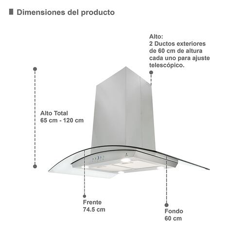 Campana extractora para cocina de isla SUPRA CI-76 en acero inoxidable y cristal curvo de 76 cm