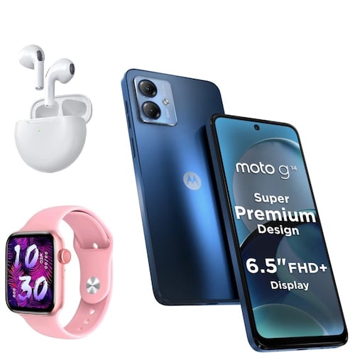 Combo Celular Moto G14 128GB 4GB Ram Azul   Smartwatch Rosa   Buds.