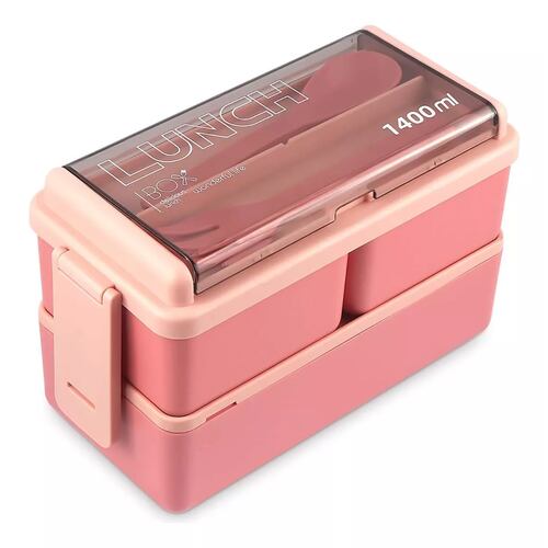 Lunch Box 2 Niveles Fiambrera Desmontable Con Cubiertos Rosa